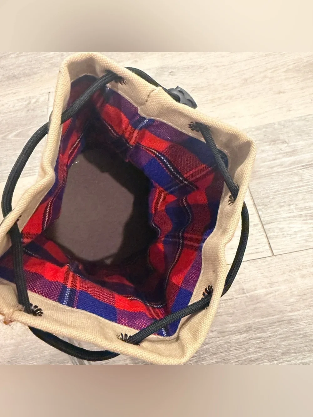 Kilele Canvas & Leather Shell Travel Bag in Beige and Brown, Interior plaid